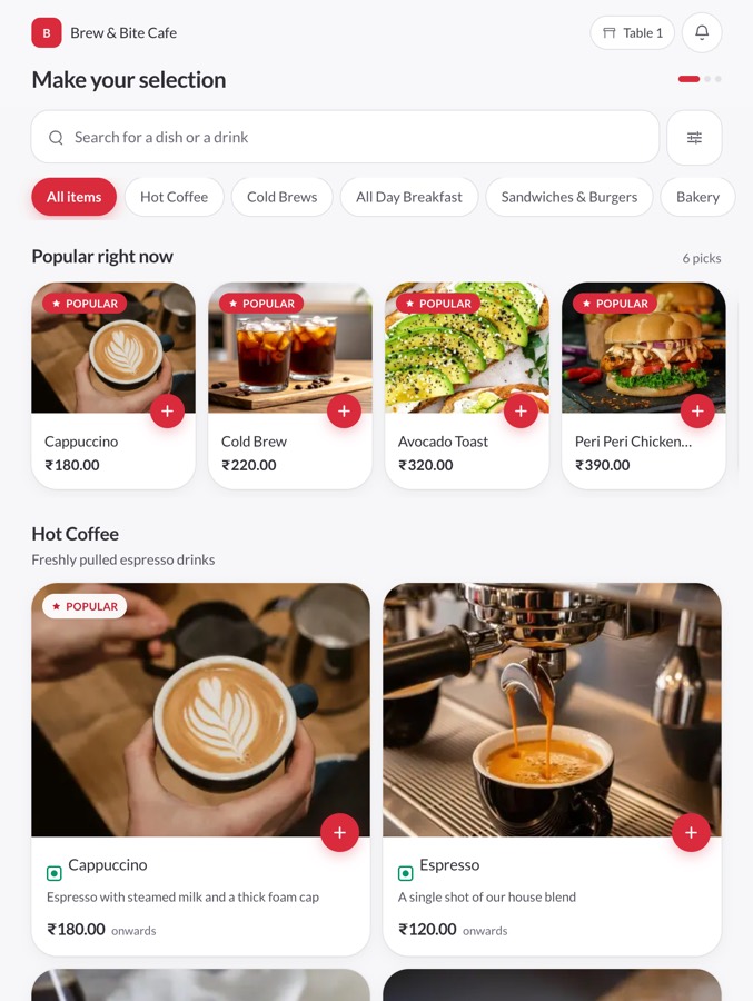 QPAB guest QR menu on a phone, showing popular items and categories